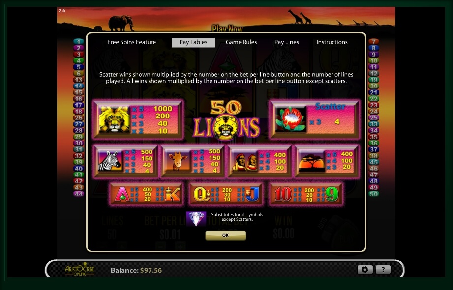 50 lions slot machine detail image 3